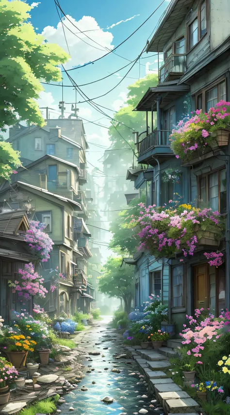 very cozy little place, hyper realism, (anime Makoto Shinkai:0.4), old shabby house in city street, home wiring, outdoors, sky, cloud, day, scenery, tree, blue sky, building, sign, wires, railing, wide shot, utility pole, town, wilderness, flowers, a lot o...