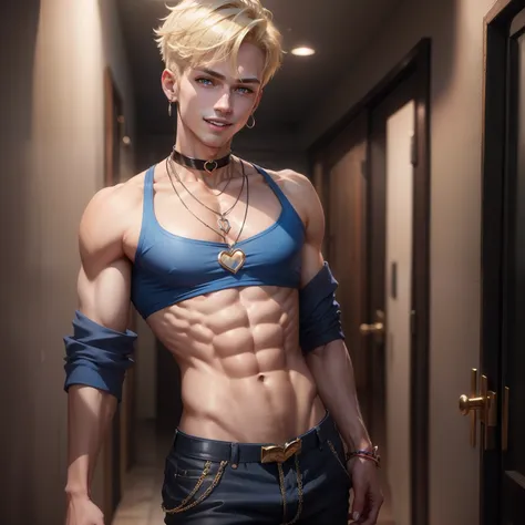 blue bra top, blonde man, jewelry, ring, blonde hair, solo, heart, earrings, red eyes, looking at the viewer, red nails, short hair, undercut, smile, one boy, necklace, abs, open mouth, male focus, pants, navel, choker, off shoulder