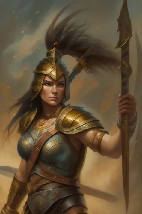 Fantasy art style, oil painting, a full-height image of a female spartan warrior woman,