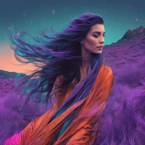 Day wind, head portrait, Beautuful Women, Blue-purple, 𝓡𝓸𝓶𝓪𝓷𝓽𝓲𝓬, long and flowing hair。