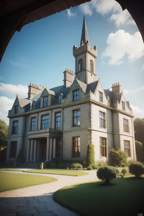 photo of a huge mansion like the castles of Ireland. Very real 3D realism