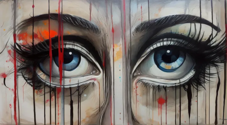 pintura de dois olhos com sangue escorrendo por eles e uma linha vermelha, inspirado em Sandra Chevrier, Por Sandra Chevrier, tears dripping from the eyes, atordoante, Olhos abertos, olhos marejados, Sandra Chevrier : : retrato, olho, dois olhos, olhos tri...