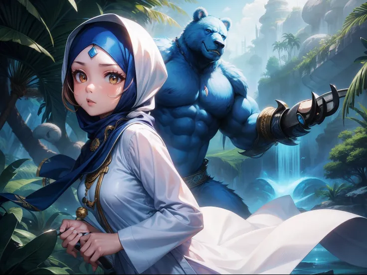 Cute malay girl in hijab and wearing white baju kurung with 1 extra large blue angry bear behind her, fantasy jungle background, high quality, ultra detail,