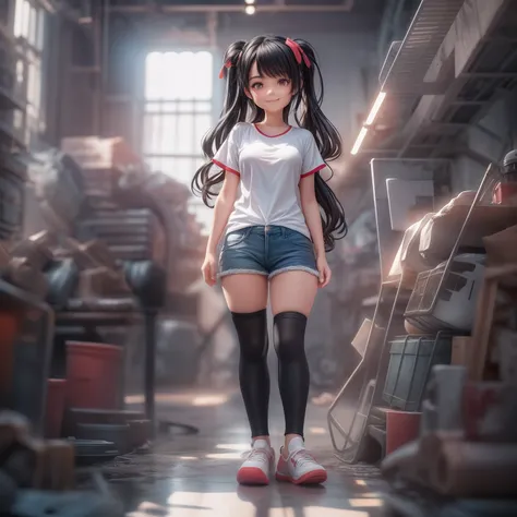 Movie Angle,( cute girly,Black hair,Anatomically correct,full bodyesbian,Masterpiece: abandoned factory,Representative Works: Translucent white T-shirt,Black underwear is faintly visible,denim short,Oversized red tourist shoes,Smile),(illustration,paper ar...