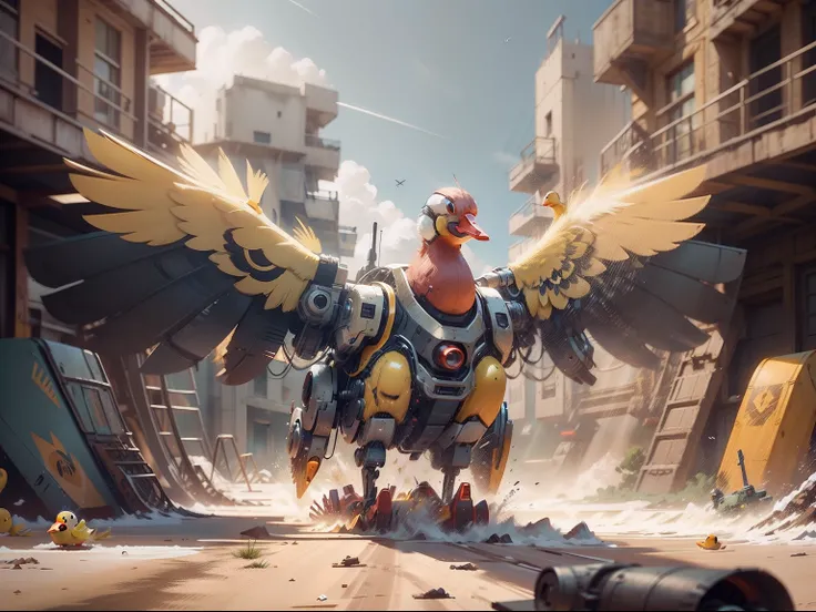 3 Very large mecha duck flying towards camera and laughing, yellow duck, war background, cinematic lighting, cinematic feel photography,