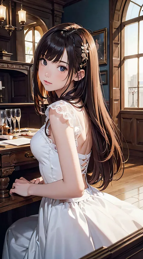 (1girl:1.3), cinematic light, solo, breasts, Lace-Up Bodice Dress,  silky long hair, (brown) hair, (masterpiece, top quality, best quality, official art, beautiful and aesthetic:1.3), extreme detailed,highest detailed,(ultra-detailed),((an extremely delica...