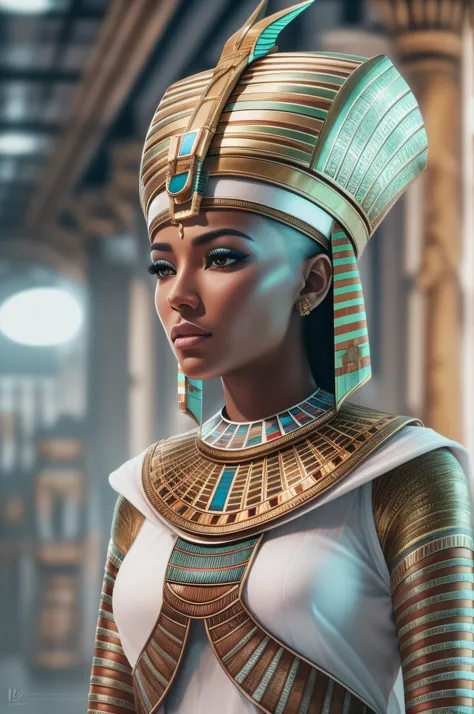 Futuristic Egyptian Queen character in a futuristic white clean world setting HD photography, ultra-realistic, King Tut, 4k, hyper-realistic, sharp texture, color