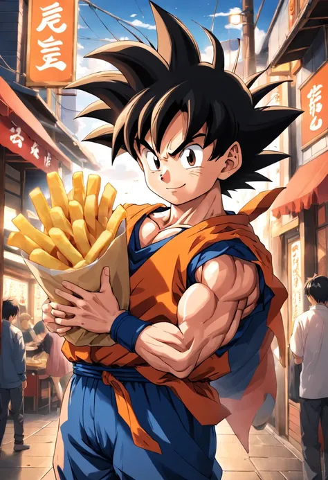 goku right hand is shaking a bag of fries in izakaya with happy smile