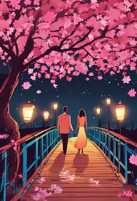 Noite de Tanabata, A romantic couple on a bridge, cercados por flores em flor.