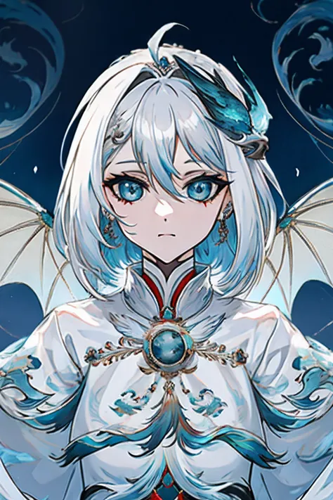 1girl, half ice dragon, olhos azuis, cabelos brancos, medieva