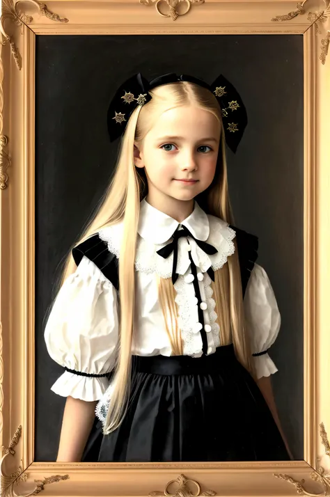 Europeans, Girls Children , Portrait , Long blonde hair and bow，Layered skirt，Noble，opulent，cropped shoulders，Lace，picture frames，Portrait Madman