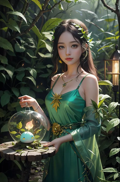 Fantasy in a lot of glass, Illuminate the night,"ethereal roses, Cute slime,Tiere, glowing little mushrooms surrounded by delicate leaves and branches, and fireflies and glowing particle effects, Girl with a gentle smile", (Natural elements), (Jungle theme...