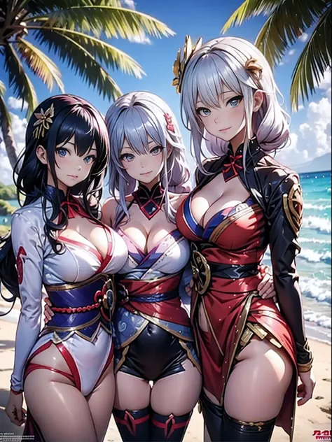 Three women in bikinis pose for a group photo on the beach, seductive anime girls, beautiful and seductive anime woman, Guviz-style artwork, Perfect white haired girl, Guviz, Beautiful anime girl, ross tran. scenery background, in beach, Beautiful anime wo...