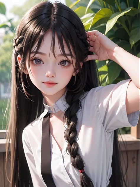 a cute looking girl, innocent, little smile,slightly loose white shirt, beautiful smile, long black hair, brown eyes,  long braided hair on top of head, high res, ultrasharp, 8k, masterpiece