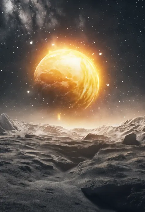 White and yellow strange planet in the darkness of universe, high definition, studio photo ilumination, grey brightness details, 3d, 4d, realistic style, cinematografic effects, with lightning bolts, energy atmosphere, plasma details