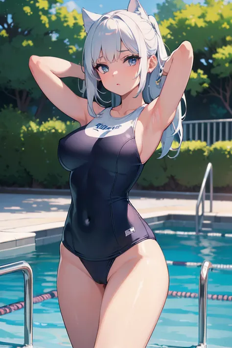 ((Best Quality, 8K, ultra-detailed, Masterpiece: 1.3)), 1girl, shiny skin, sharp, Perfect Body Beauty, realistic shaded perfect body, ("school swim suit, white, transparent_pussy":1.2),big_breasts ,(dynamic pose:1.1), thigh , cute , pool side