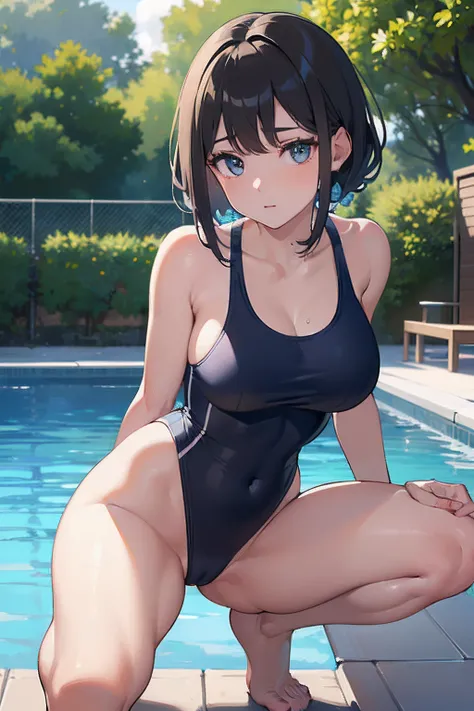 ((Best Quality, 8K, ultra-detailed, Masterpiece: 1.3)), 1girl, shiny skin, sharp, Perfect Body Beauty, realistic shaded perfect body, ("school swim suit, white,transparent_pussy":1.2),big_breasts ,(dynamic pose:1.1), thigh , cute , pool side,stick out side...