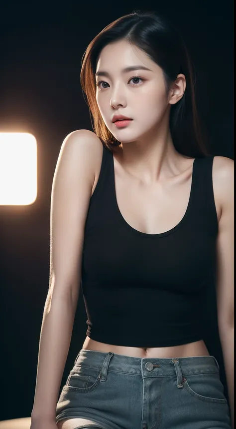 realistic photos of 1 cute Korean star, long hair slicked back, white skin, thin makeup, 32 inch breasts size, wearing black tank top, shorts, in the cinema, upper body portrait, Luminism, UHD