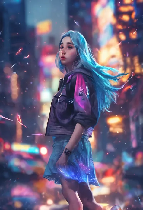 "Image quality: 8K (Best quality scales: 1.2), Artistic style: Realistic, Realistic factor: 1.37, Clarity: hyper HD, subject:1 girl flying over stunning cityscapes ,Hoodie,Blue hair, neon color shooting stars, Very long hair, cropped shoulders, feathers ha...