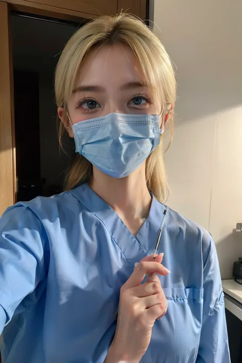 Woman in light blue shirt、surgical mask、holding tweezers, surgeon, holding syringe,Laughing Nurse Girl, Rostlan 8K, healthcare worker, surgicalIV, 8K selfie photo, Nurse, surgical mask covering mouth, hyper realstic, (doctor)、((blondehair))、Highly detailed...