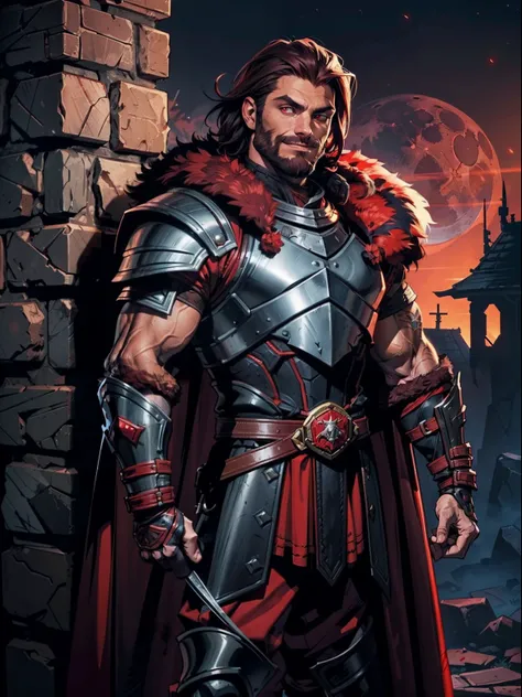 dark night blood moon background, darkest dungeon style, standing by the wall. todd smith as ares from xena, athlete, short mane...