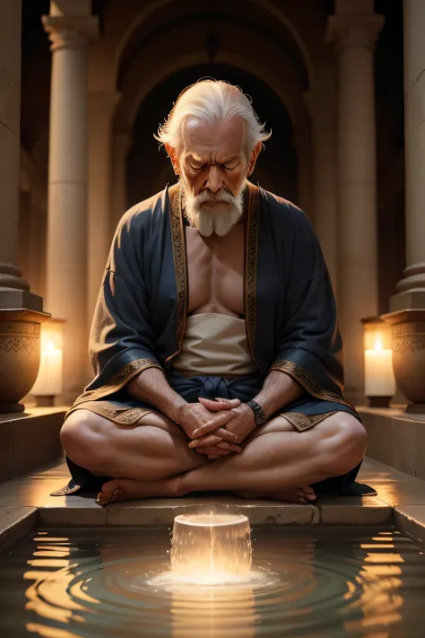 In the stillness of the early morning, the only sound is the gentle trickle of water from the fountain in the center of the temple courtyard. A lone figure sits cross-legged on a cushion in front of the fountain, his eyes closed in meditation. The old mans...