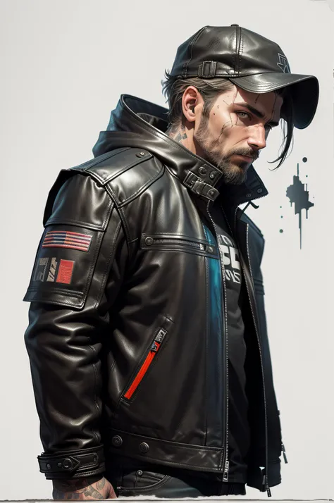 Game object Leather jacket, bits of color, Sketch, hand drawn, dark, gritty, realistic sketch, Rough sketch, mix of bold dark lines and loose lines, bold lines, on paper, jacket sheet, jacket, Water in metal, slik, sci-fi, ghostly theme, (((items and gear ...