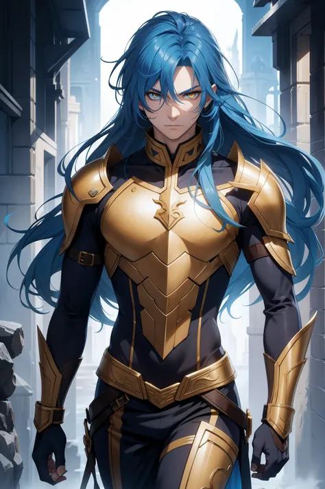 solo male, blue hair, yellow eyes, long hair, golden armor, slim, form fitting, fantasy