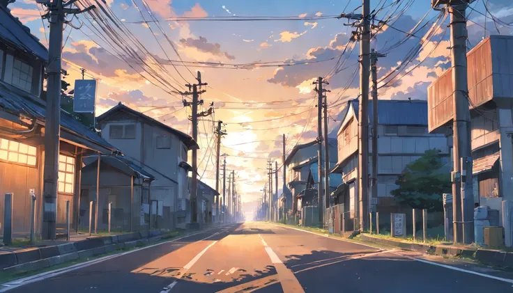 There is a painting of a road with wires and poles, anime countryside landscape, Anime background art, Anime landscape, Highly detailed illustration.”, anime style cityscape, Makoto Shinkais style, anime backgrounds, Anime landscapes, in the style of makot...