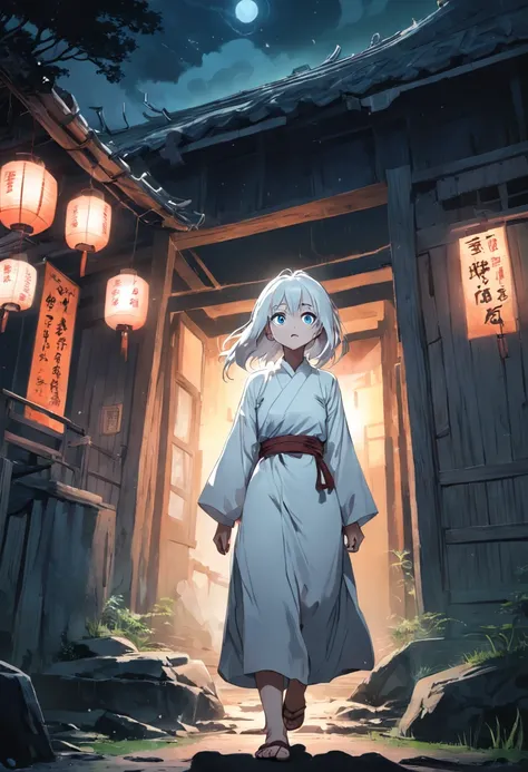 A rural woman in a white shirt，The face is full of wrinkles，white haired Cangcang，Doubts shocked，Walking into the broken house with a bag at night，mystical aura, surreal atmosphere,（Chinese folk suspense, terroral, Supernatural comic book style）， hyper qua...