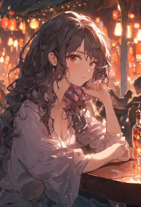 a woman sitting at a table with a glass of wine, a detailed drawing, cgsociety, long curly hair intricate, cinematic | | very anime, discord pfp,asian features, very pretty model, (comfycore:1.2), poofy, woman very tired, rich red, mulan, bar,(realistic fa...