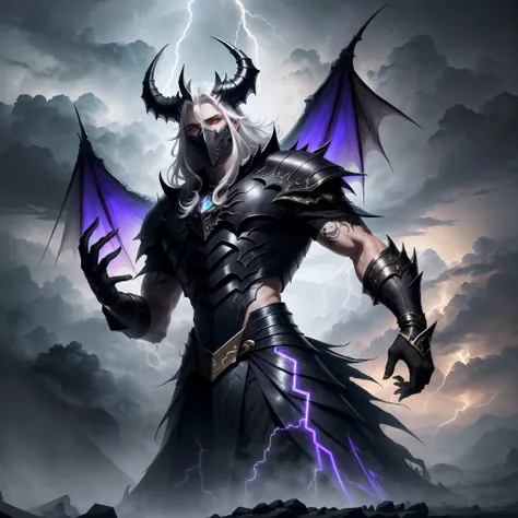 Lord of the Storm，Dressed in purple，Tall male image，White waist-length hair，Behind it are dark clouds of black oppression，It was mixed with several bright lightning bolts，The look was solemn，On top of the head there is a pair of extremely long black dragon...