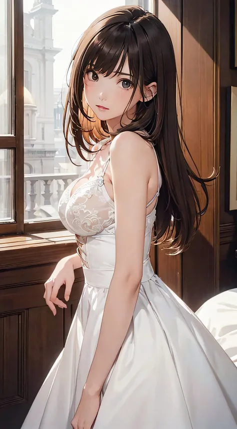 (1girl:1.3), cinematic light, solo, breasts, Lace-Up Bodice white inner, open breast, white innner,  silky long hair, (brown) hair, (masterpiece, top quality, best quality, official art, beautiful and aesthetic:1.3), extreme detailed,highest detailed,(ultr...