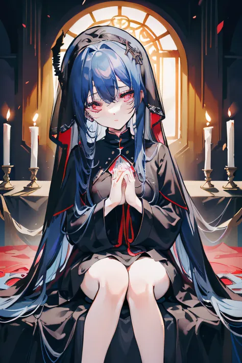 masterpiece, best quality, 1girl, long hair, (blue hair), very long hair, twintail, red eyes, round eyes, expressionless, ((black dress)), ((black veil)), ((sitting in front of the altar)), (((detail face))), ((praying with both hands together))