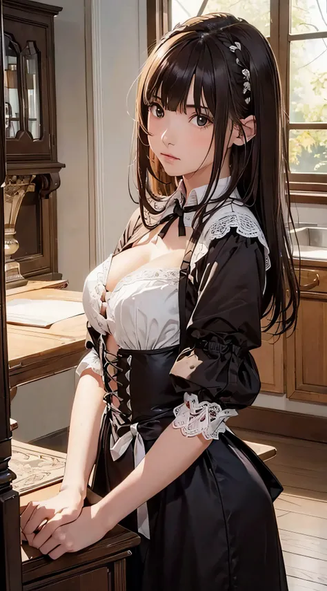 (1girl:1.3), cinematic light, solo, breasts, Lace-Up Bodice Dress, open breast,  silky long hair, (brown) hair, (masterpiece, top quality, best quality, official art, beautiful and aesthetic:1.3), extreme detailed,highest detailed,(ultra-detailed),((an ext...