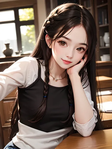 a cute looking girl, innocent, little smile,slightly loose white shirt, beautiful smile, long black hair, brown eyes,  long braided hair on top of head, high res, ultrasharp, 8k, masterpiece