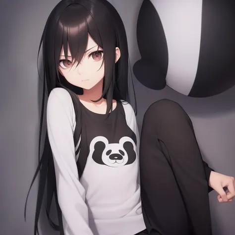 loli, super skinny, super skinny body, black hair, dark circles under eyes, brown eyes, bored expression, panda bear shirt, blac...