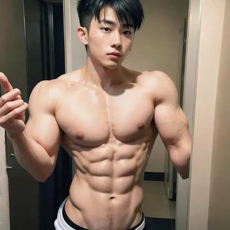 there is a man taking a selfie in a bathroom mirror, korean muscle boy 2 1 years old, South Korean male, Lean but muscular, with abs, Muscular!, Shin Jinying, slender and muscular build, Lean and muscular, siwoo kim, Muscular!!, prefect body, Asian male, m...