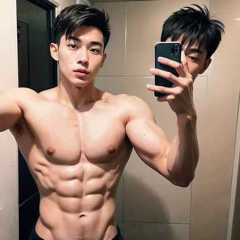 there is a man taking a selfie in a bathroom mirror, korean muscle boy 2 1 years old, South Korean male, Lean but muscular, with abs, Muscular!, Shin Jinying, slender and muscular build, Lean and muscular, siwoo kim, Muscular!!, prefect body, Asian male, m...