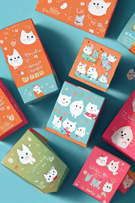 Several boxes of cat-themed candy line up on a blue surface, packaging design, cute design, Moe puppy, cute colorful adorable, Dog design, author：tooth wu，inspired by Kubisi art, Wrap, cute illustration, author：Lee Jeon-suk, adorable digital art, chocolate...