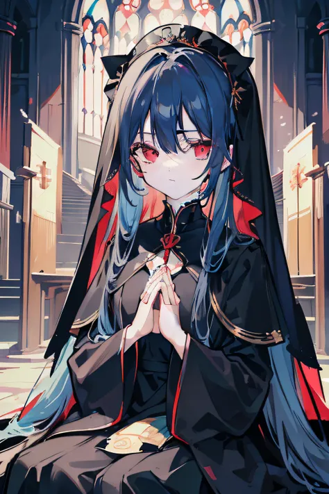 masterpiece, best quality, 1girl, long hair, (blue hair), very long hair, twintail, red eyes, round eyes, expressionless, ((black dress)), ((black veil)), ((sitting in front of the altar)), (((detail face))), ((praying with both hands together))