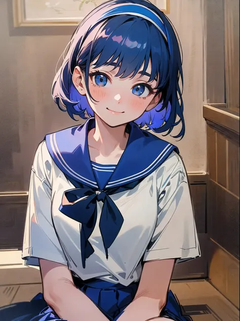 girl with、Hair short like a boy、looking at the viewers、Sailor Uniform Student Uniform、sitting on、cowboy  shot、A smile、a blue skirt、in a house、(top-quality、​masterpiece、Hyper-Realism)、Beautiful and delicate portrait of a girl with a soft and peaceful expres...