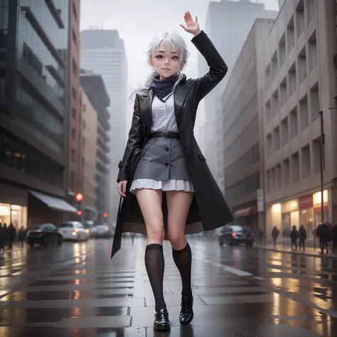 greyt hair，Single horsetail，young 17 years old，woman，Indigo pupils，ssmile，1.7m，brown overcoat，over knee socks（white colors），Black leather shoes，ssmile，standing on your feet，waving hands，urban backdrop，rainy days，short  skirt