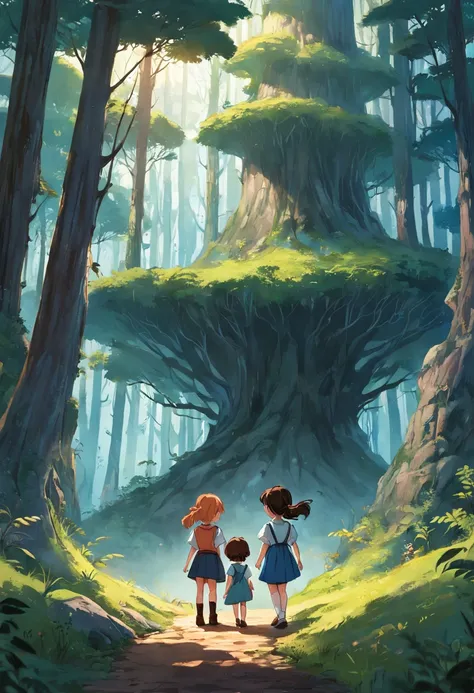 Draw a charming scene that depicts the moment when the four children, Clara, JOHN, Sofia e Pedro, are standing on the edge of the dense forest, com olhares curiosos e surpresos em seus rostos. Na imagem, destaque a entrada da trilha escondida que os leva p...