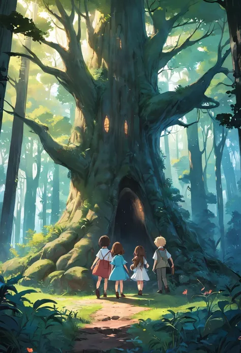 Draw a charming scene that depicts the moment when the four children, Clara, JOHN, Sofia e Pedro, are standing on the edge of the dense forest, com olhares curiosos e surpresos em seus rostos. Na imagem, destaque a entrada da trilha escondida que os leva p...