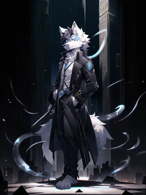 solo person，shaggy，White wolf，a black trench coat，with short black hair，Pale blue eyes，Put one hand in your pocket，Stand on a tall building，Holding a black katana in his hand，There are black tentacles sticking out of the back