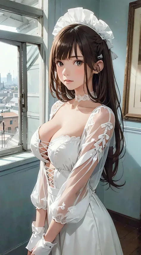 (1girl:1.3), cinematic light, solo, breasts, Lace-Up Bodice white inner, open breast, white innner,  silky long hair, (brown) hair, (masterpiece, top quality, best quality, official art, beautiful and aesthetic:1.3), extreme detailed,highest detailed,(ultr...