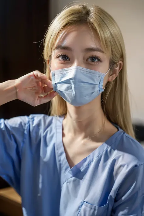 Woman in light blue shirt、surgical mask、 surgeon, holding syringe,Laughing Nurse Girl, los tran 8k, healthcare worker, IV for surgery, 8K selfie photo, Nurse, surgical mask covering mouth, hyper realstic, (doctor)、((blondehair))、a smile、Tie your hair back、...