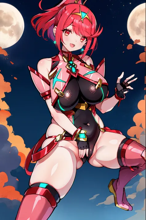 pyra (xenoblade), teen_1girl, loli, armor, bangs, black gloves, breasts, red eyes, light_open_mouth, earrings, eyelashes, fingerless gloves, floating hair, framed breasts, gem, gloves, hair ornament, headpiece, jewelry, big_breasts, leaning back, swimsuit,...