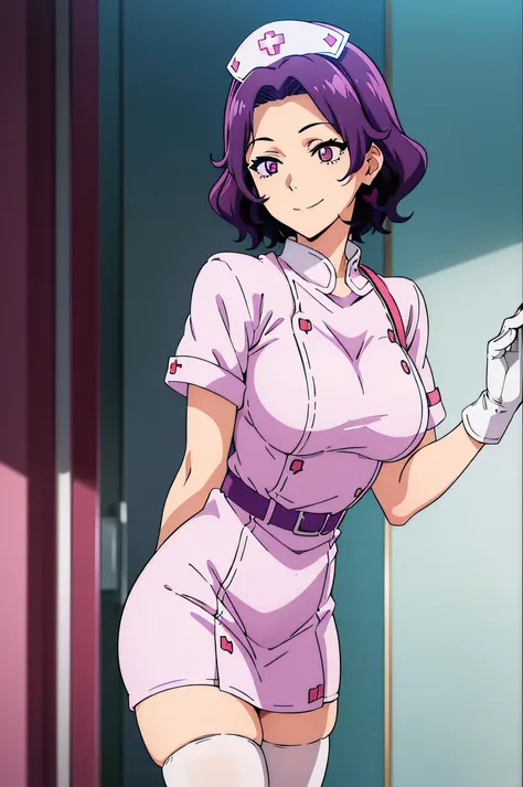 hamaoka azusa, purple eyes, purple hair, short hair, large breasts, solo, nurse, ((white nurse cap, white nurse uniform)), ((whi...